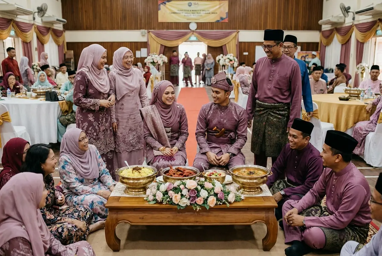 Pengantin dan keluarga di meja makan beradab