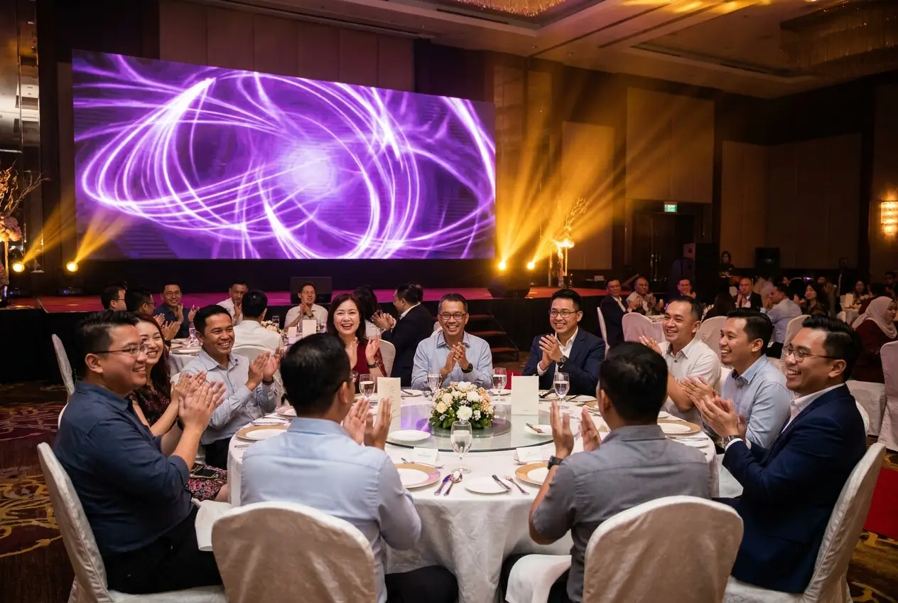 Makan malam tahunan di dewan hotel dengan pentas dan skrin LED