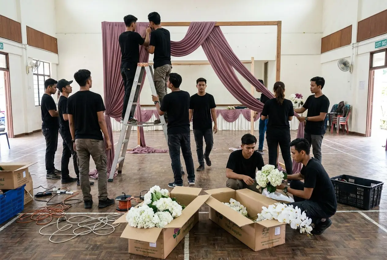 Kru memasang pelamin pada waktu pagi