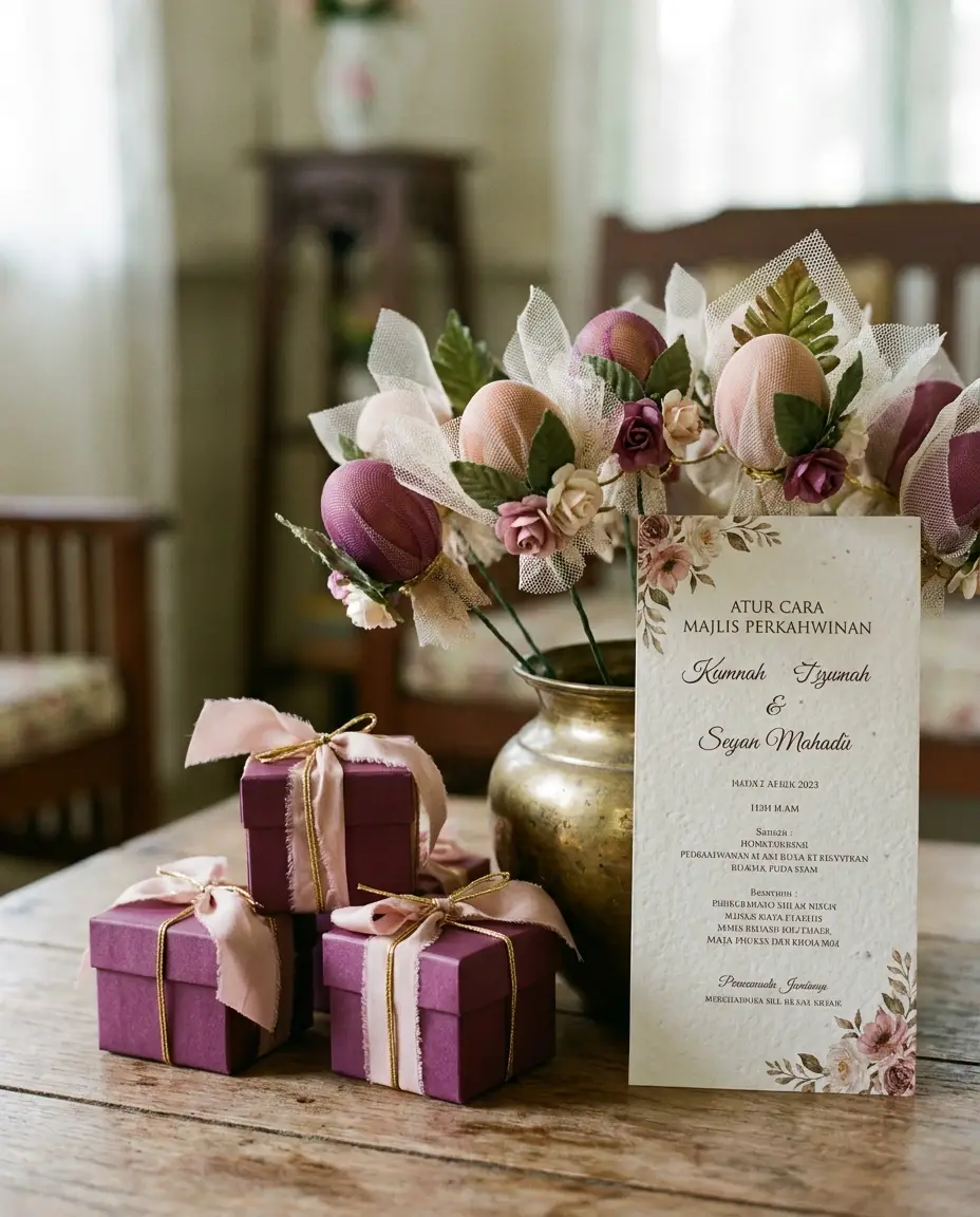 Plum gift boxes, bunga telur in a brass pot and a printed atur cara card