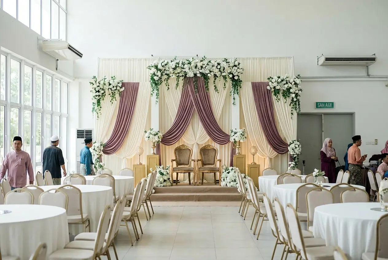 Pelamin gading dan ungu pudar dengan bunga putih di dewan