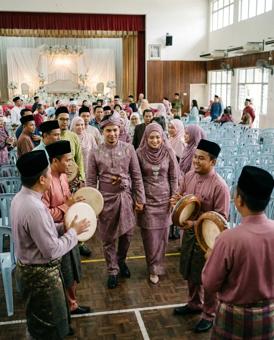 Pengantin diiringi paluan kompang